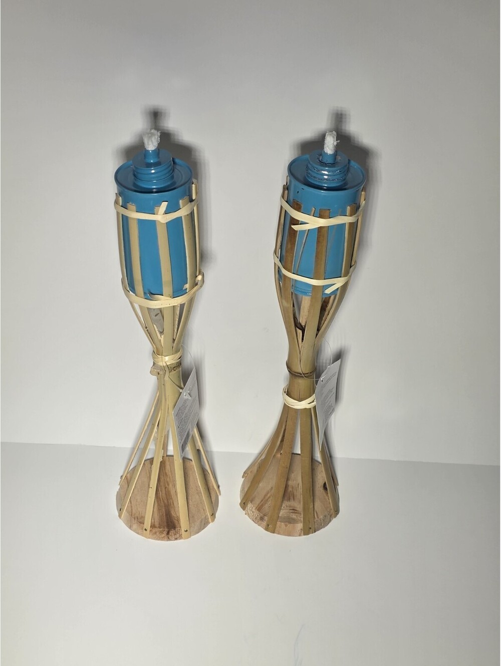 New Aqua Blue Wooden Bamboo Table Torche 2 Pcs